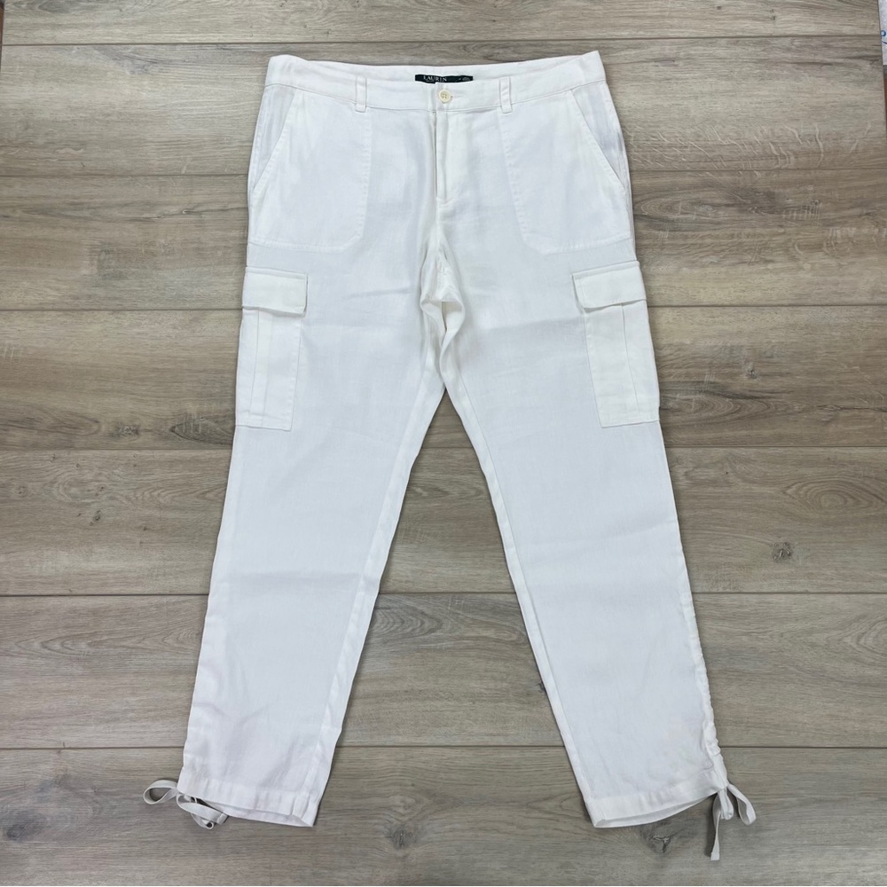 Lauren Ralph Lauren Linen Blend High Rise Pants White Adjustable Length Size 14 - Picture 3 of 11
